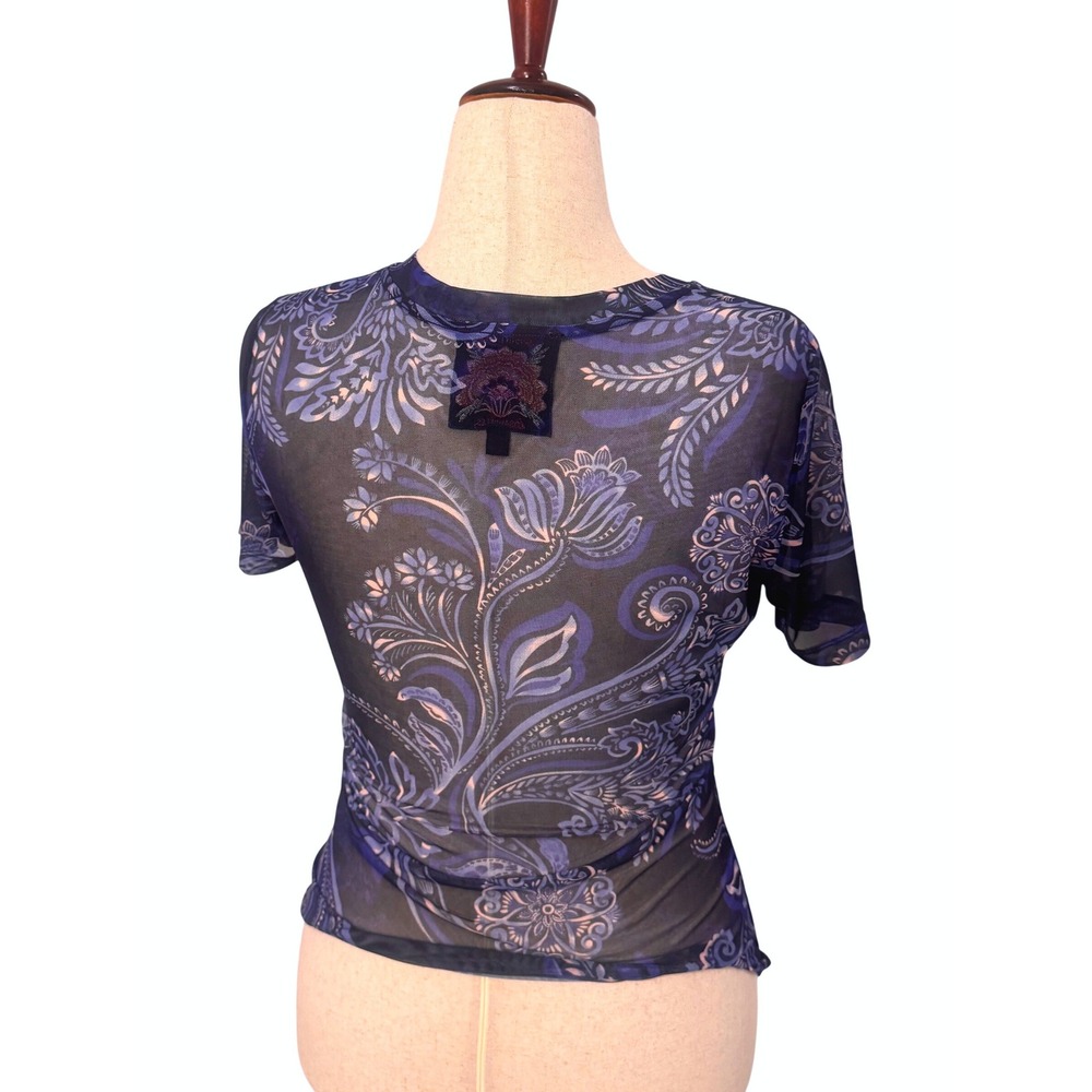 JOHNNY WAS | Mesh Tee Women M Blue Paisley Floral V-Neck Short Sleeve Boho Top - Picture 3 of 4